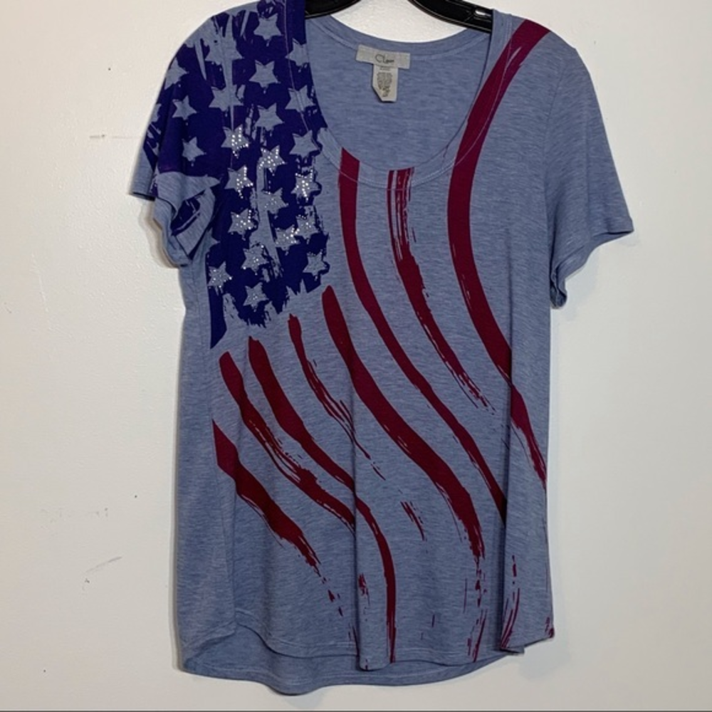 EUC Bedazzled Flag Design‎ Super Soft Blue T-shirt